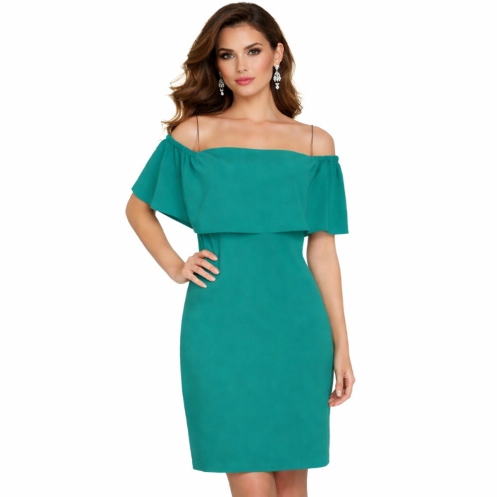 Charles Henry Green Boho Coastal Back Zip Ruffle Off The Shoulder Dress Size L